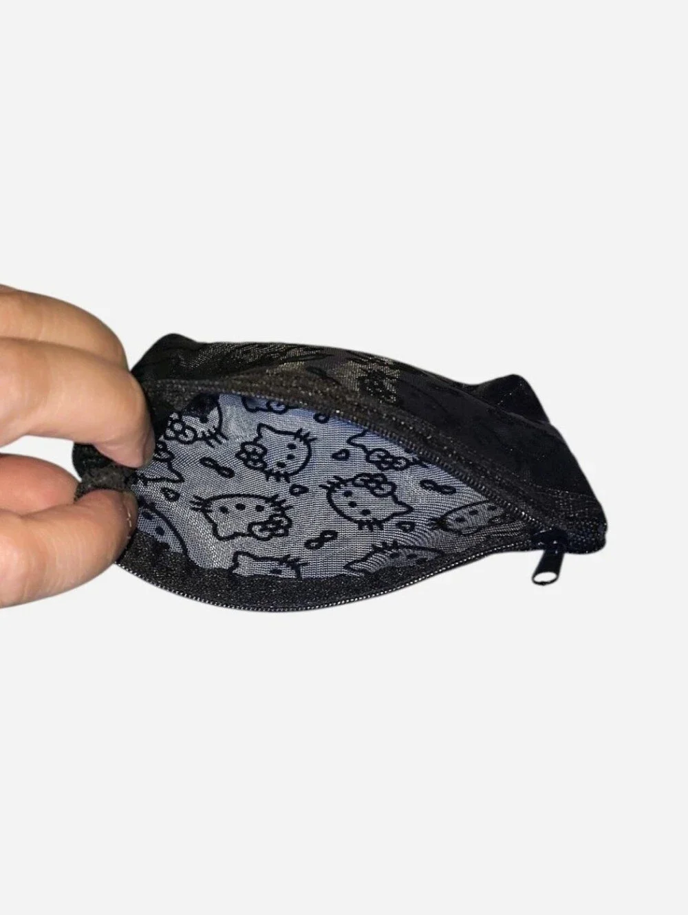 Hello Kitty Black Mesh Makeup/ Cosmetic Bag with Hello Kitty Bone Charm NEW
